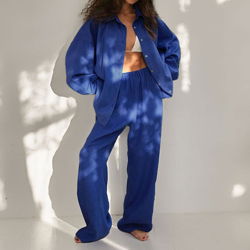 Women’s Two-Piece Set – Linen Blend – Oversized Fit – Button-Down Shirt & Wide-Leg Trousers