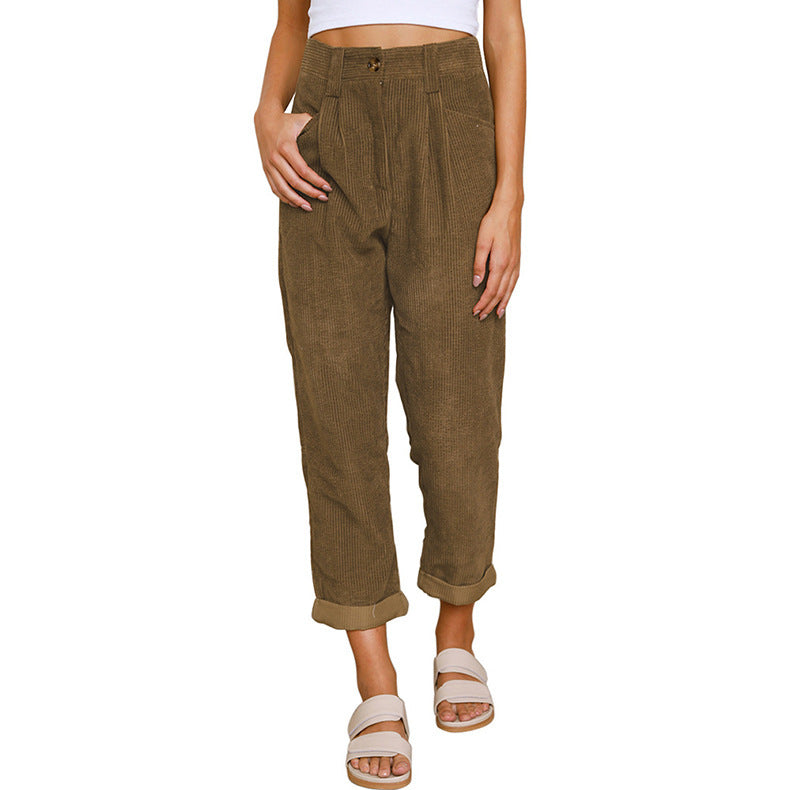 Women’s Corduroy Trousers – High Waist – Relaxed Fit – Pleated Front – Tapered Leg