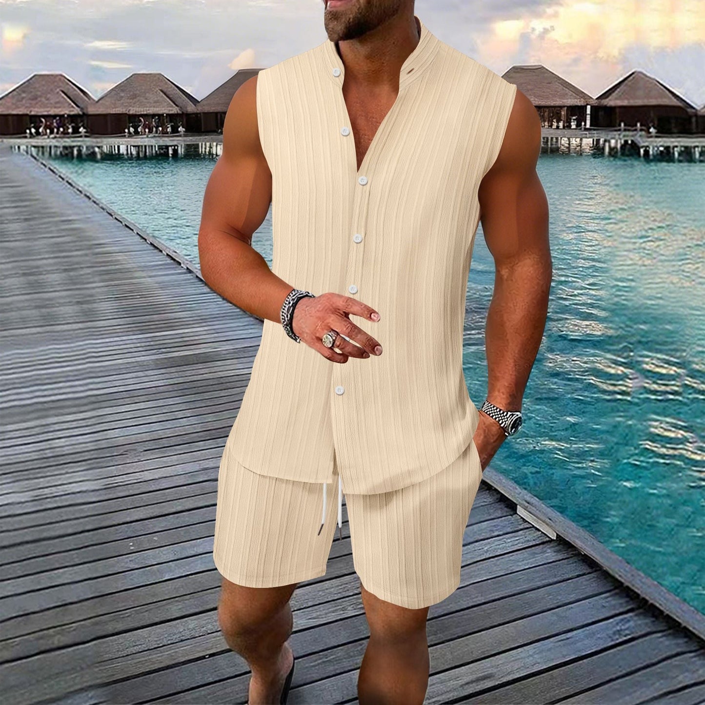 Men’s Shirt and Short Set – Relaxed Fit – Button-Up – Linen – Mandarin Collar