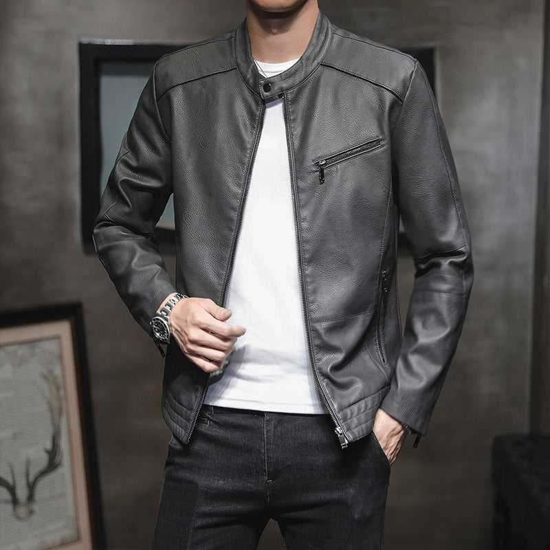 Men’s Biker Jacket – Slim Fit Leather – Stand Collar – Zippered Cuffs and Pockets