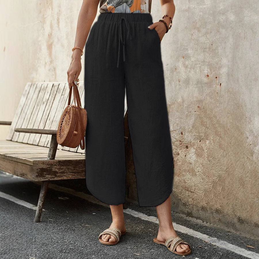 Women’s Cropped Trousers – Cotton Linen Blend – High Waist – Wide Leg – Drawstring Waist