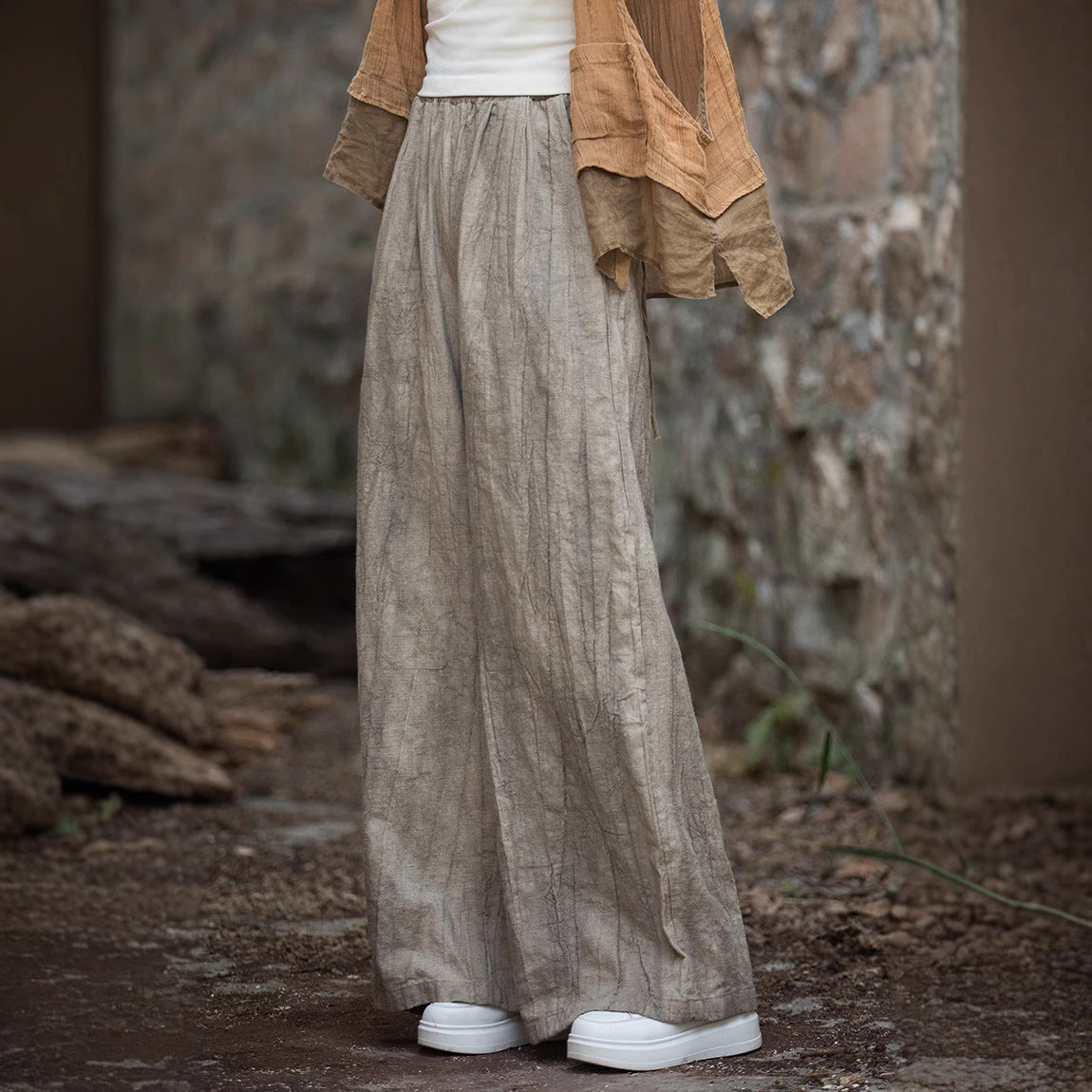 Women’s Wide-Leg Trousers – Linen Cotton Blend – Relaxed Fit – Elastic Waistband Casual Style