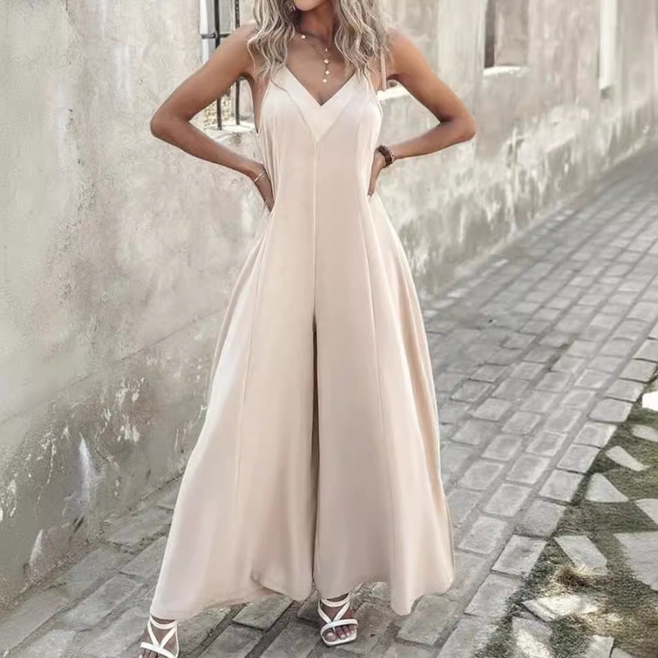 Women’s Jumpsuit – Wide Leg – Deep V-Neck – Spaghetti Straps – Cinched Waist – Relaxed Fit