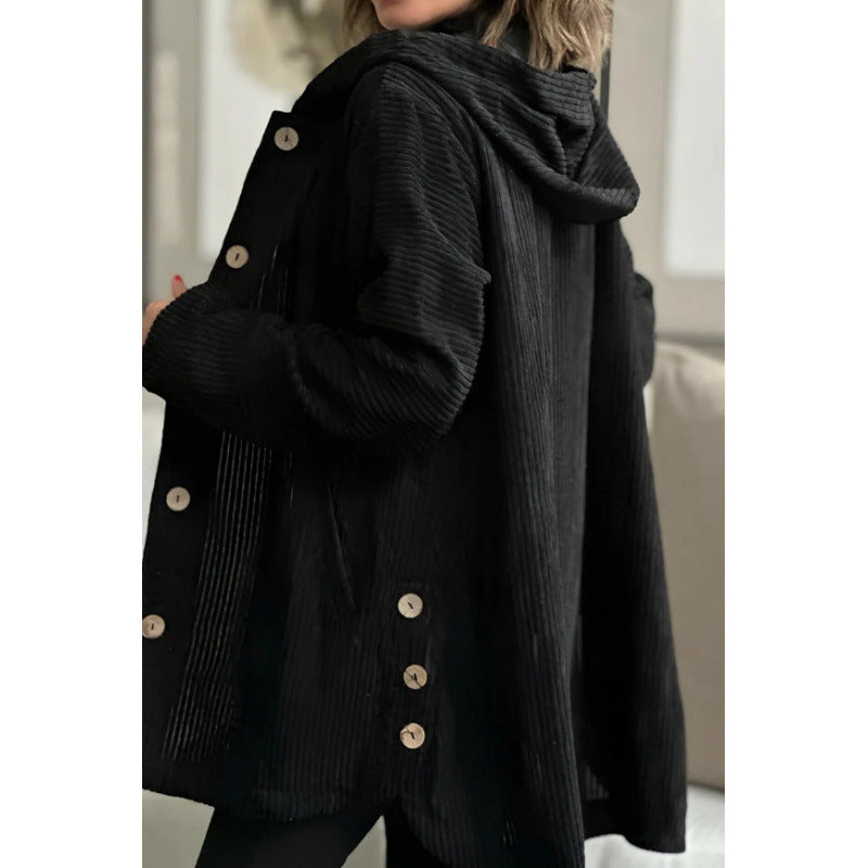 Women’s Hooded Jacket – Corduroy – Relaxed Fit – Mid-Length – Casual Style