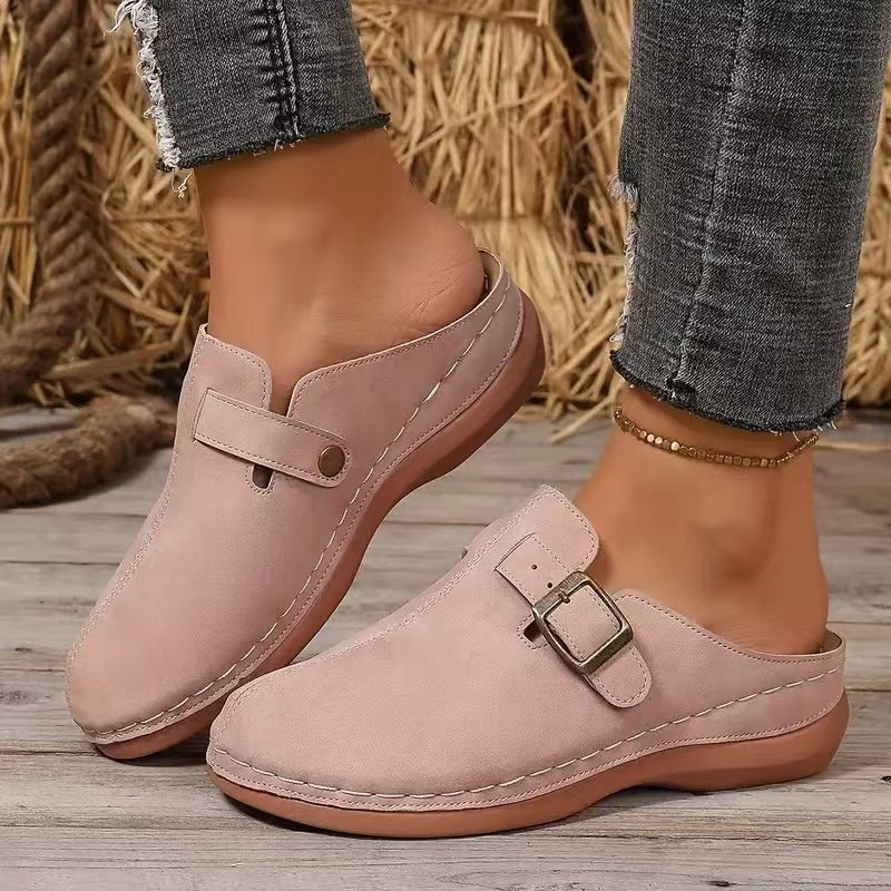 Women’s Wedge Mule Sandals – Closed Toe – Faux Leather – Buckle Detail – Cushioned Sole
