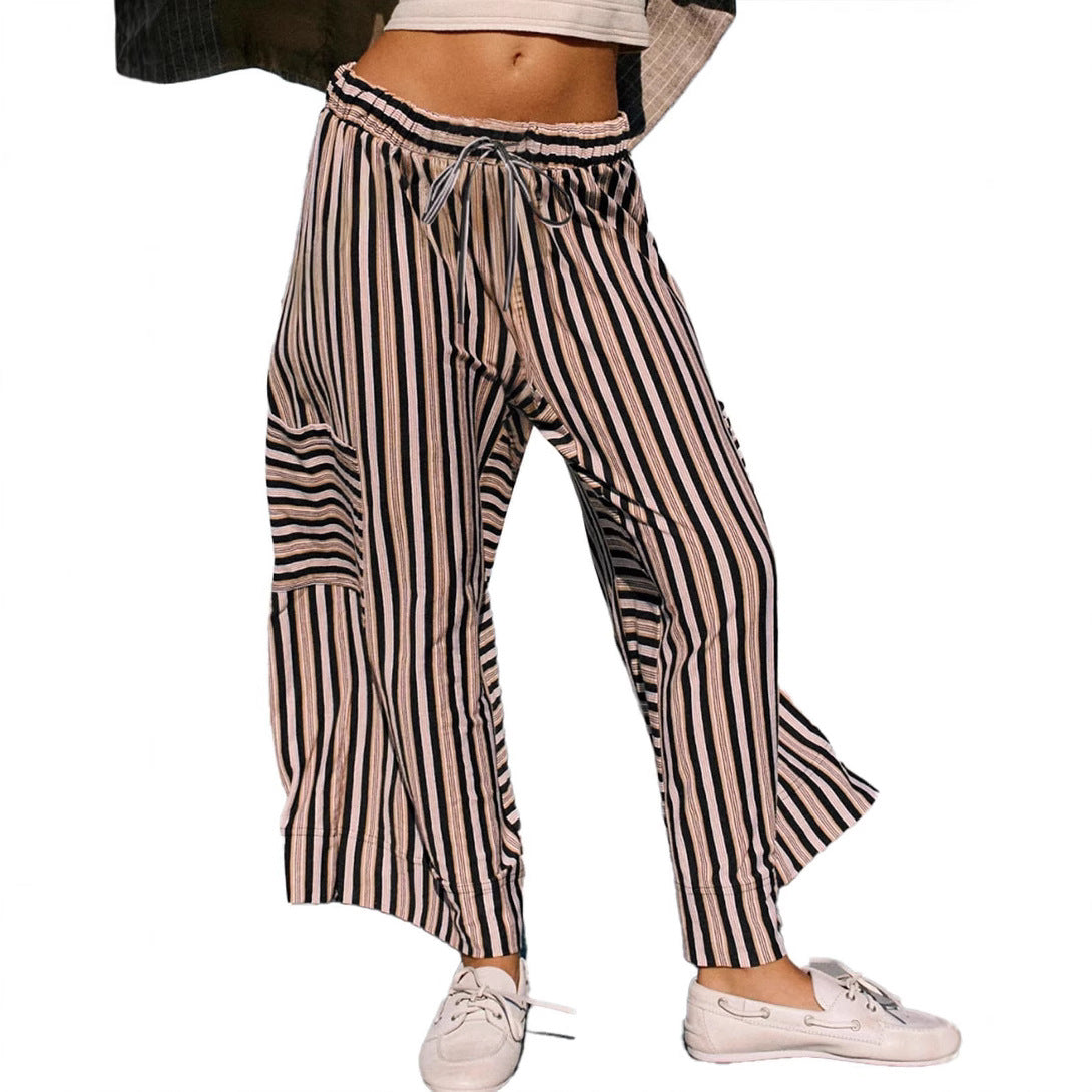 Women’s Wide-Leg Trousers – Relaxed Fit – Vertical Stripes – Breathable Blend – Drawstring Waist