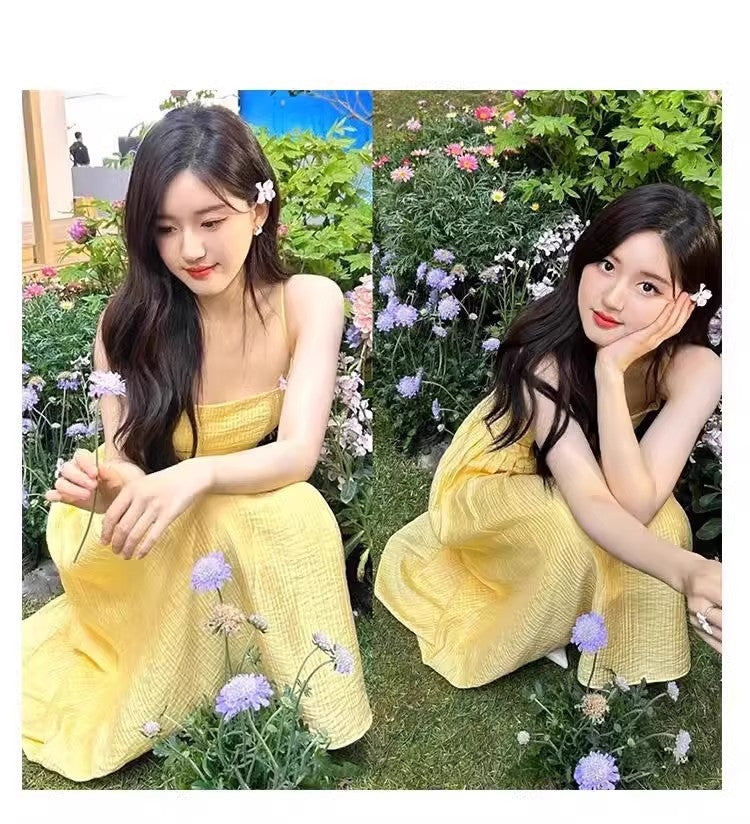 Women's Sundress - Spaghetti Straps - Flared Skirt - Elegant Yellow