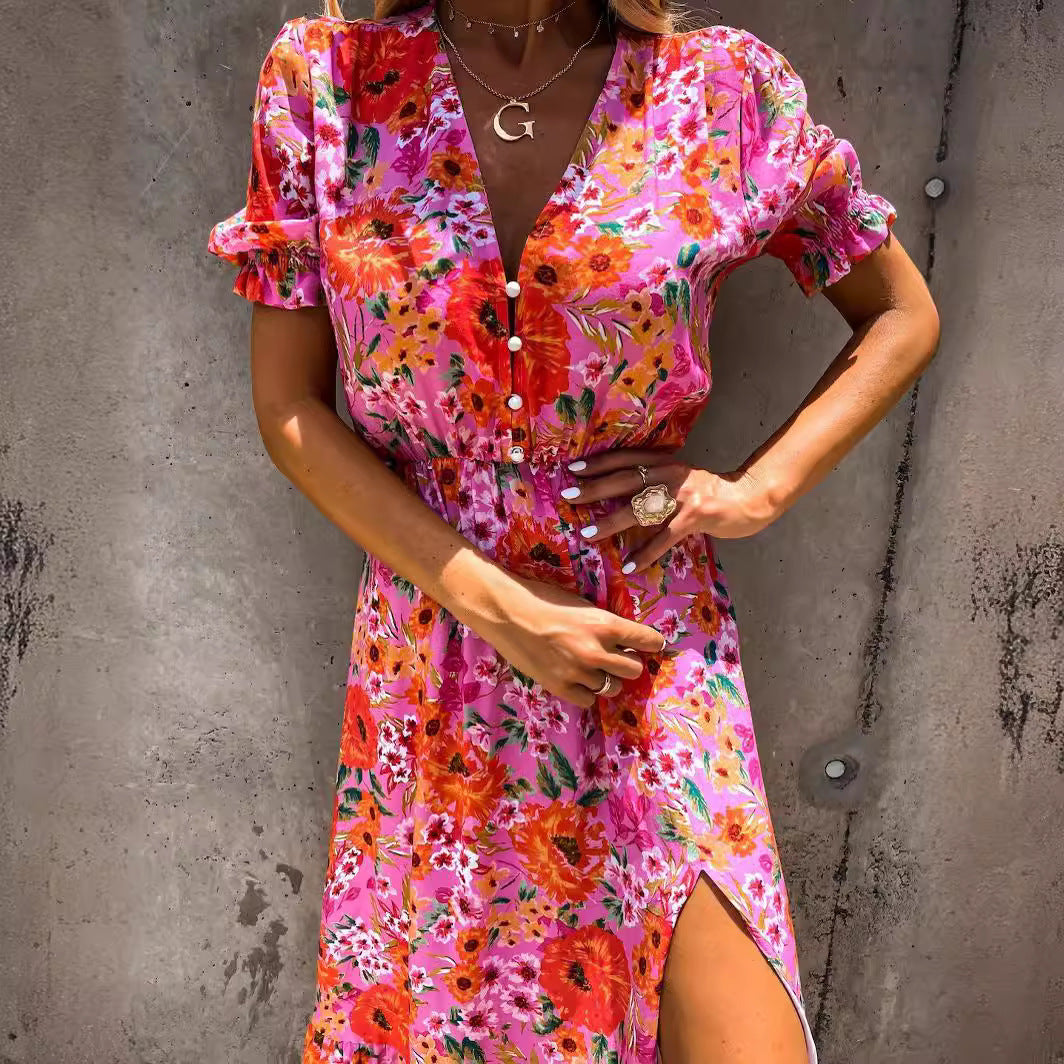 Women’s Maxi Dress – High Waist – V-Neck – Short Sleeve – Floral Print – Side Slit