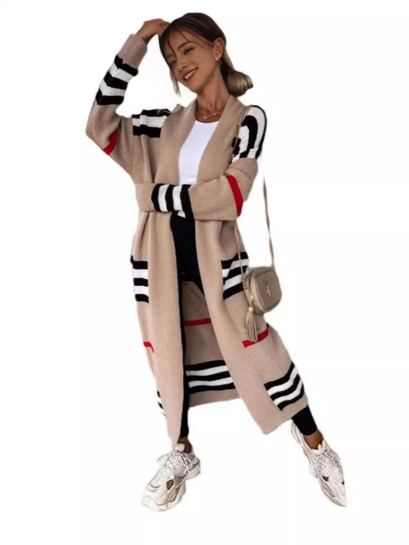 Women’s Long Cardigan – Wool Knit – Oversized Fit – Striped – Open Front Layering