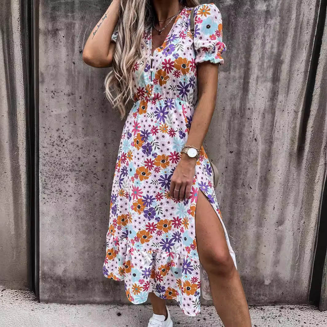 Women’s Maxi Dress – High Waist – V-Neck – Short Sleeve – Floral Print – Side Slit