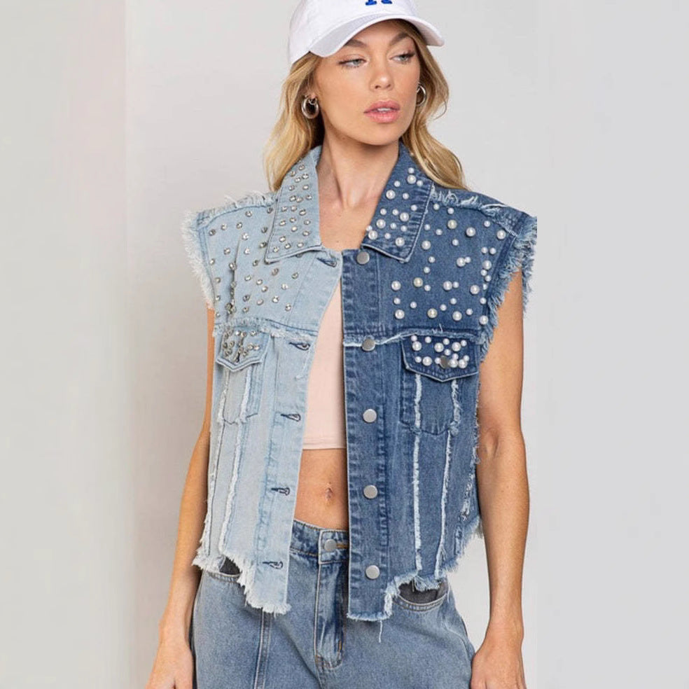 Women’s Denim Vest – Cropped Fit – Patchwork Studded – Distressed Sleeveless Style