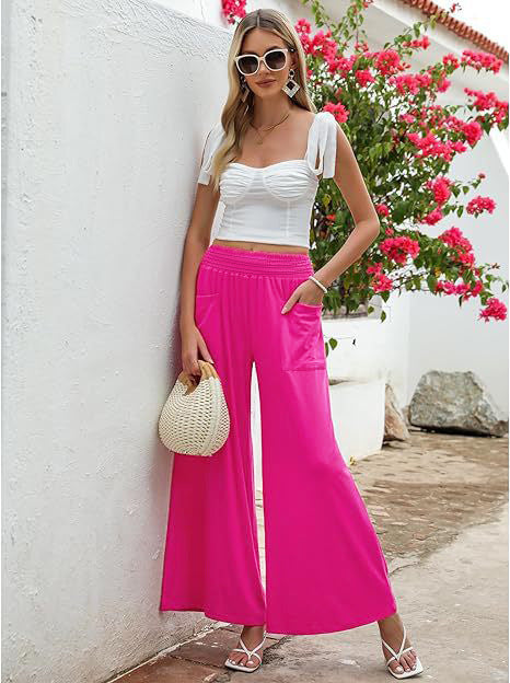 Women’s Wide-Leg Pants – Lightweight Breathable Fabric – Elastic Waist – Full Length