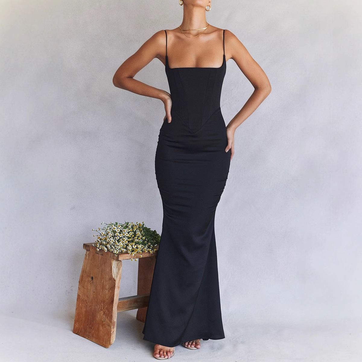 Women’s Maxi Dress – Bodycon Fit – Spaghetti Straps – Stretch Fabric – Evening Wear