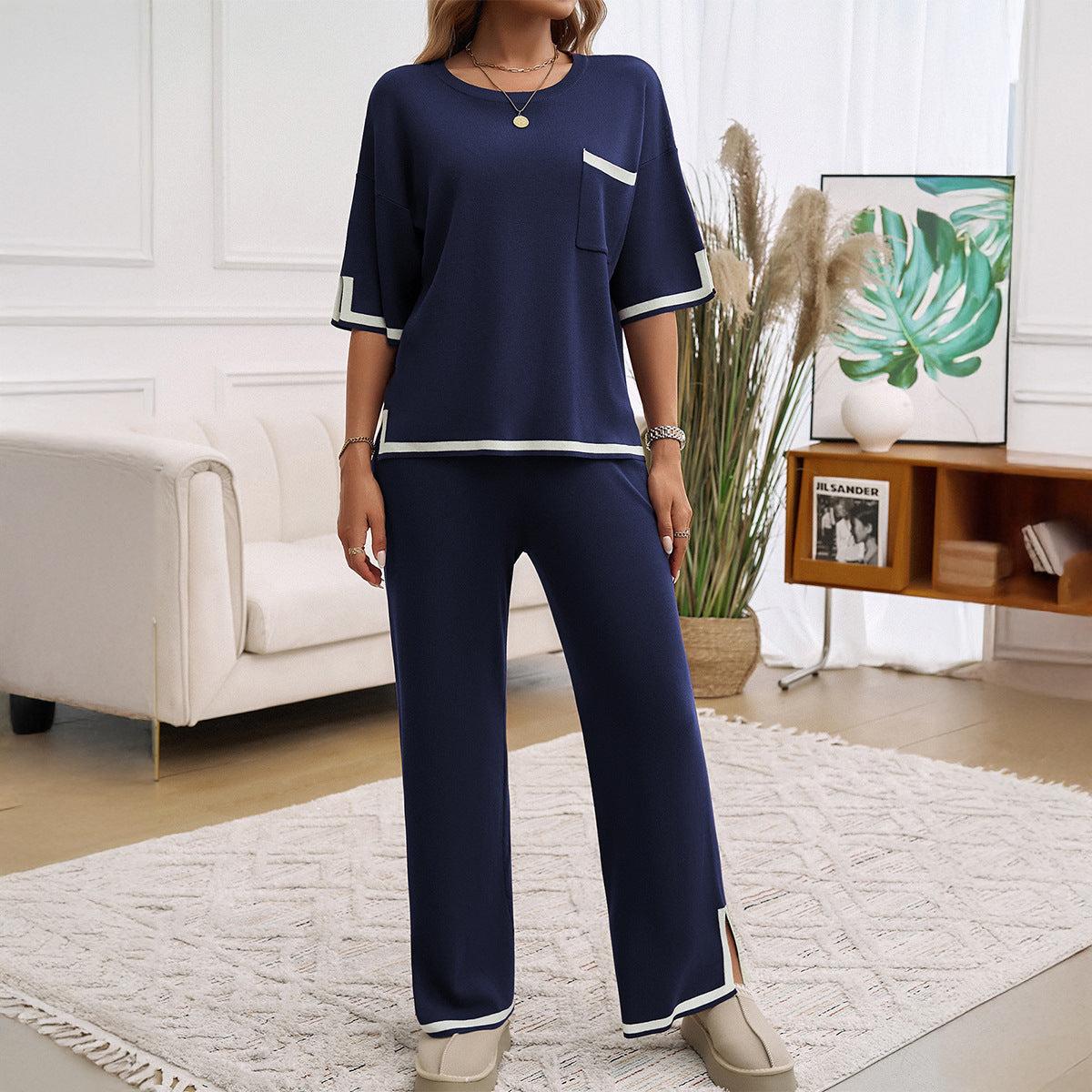 Women’s Lounge Set – Soft Knit – Relaxed Fit – Wide-Leg Pants – Contrast Trim