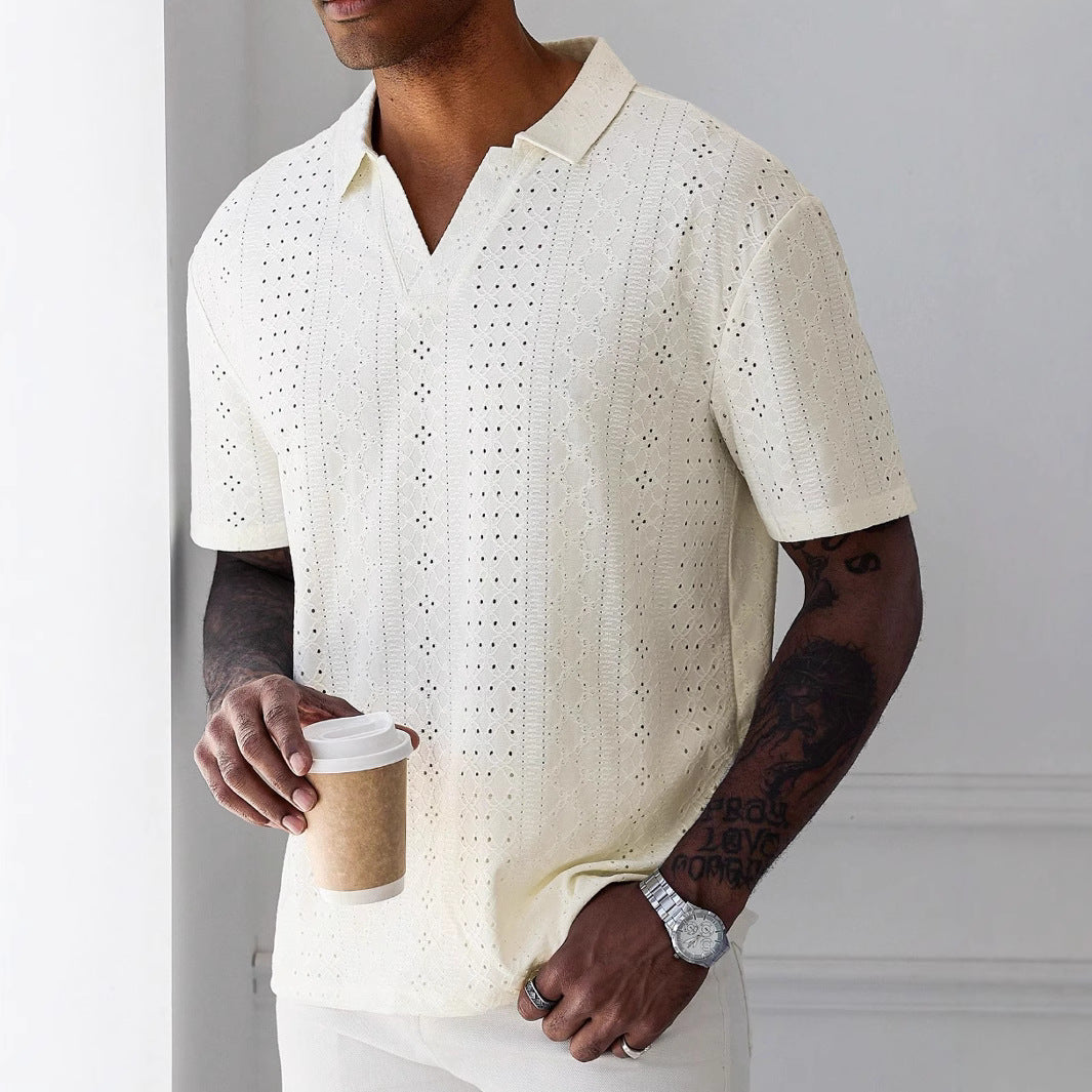 Men’s Knit T-Shirt – Relaxed Fit – Jacquard Lace – V-Neck – Short Sleeve Breathable