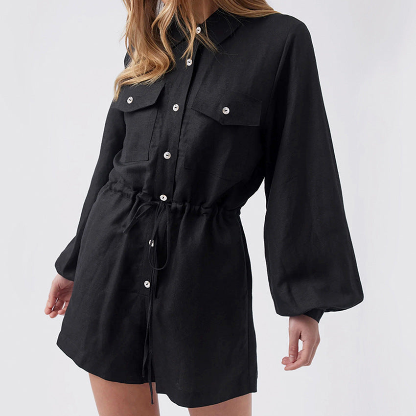 Women’s Utility Romper – Cotton Linen – Relaxed Fit – Button Front – Drawstring Waist