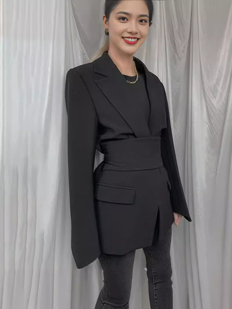 Women’s Blazer – Longline Tailored Fit – Self-Tie Waist – Notched Lapel – Flap Pockets