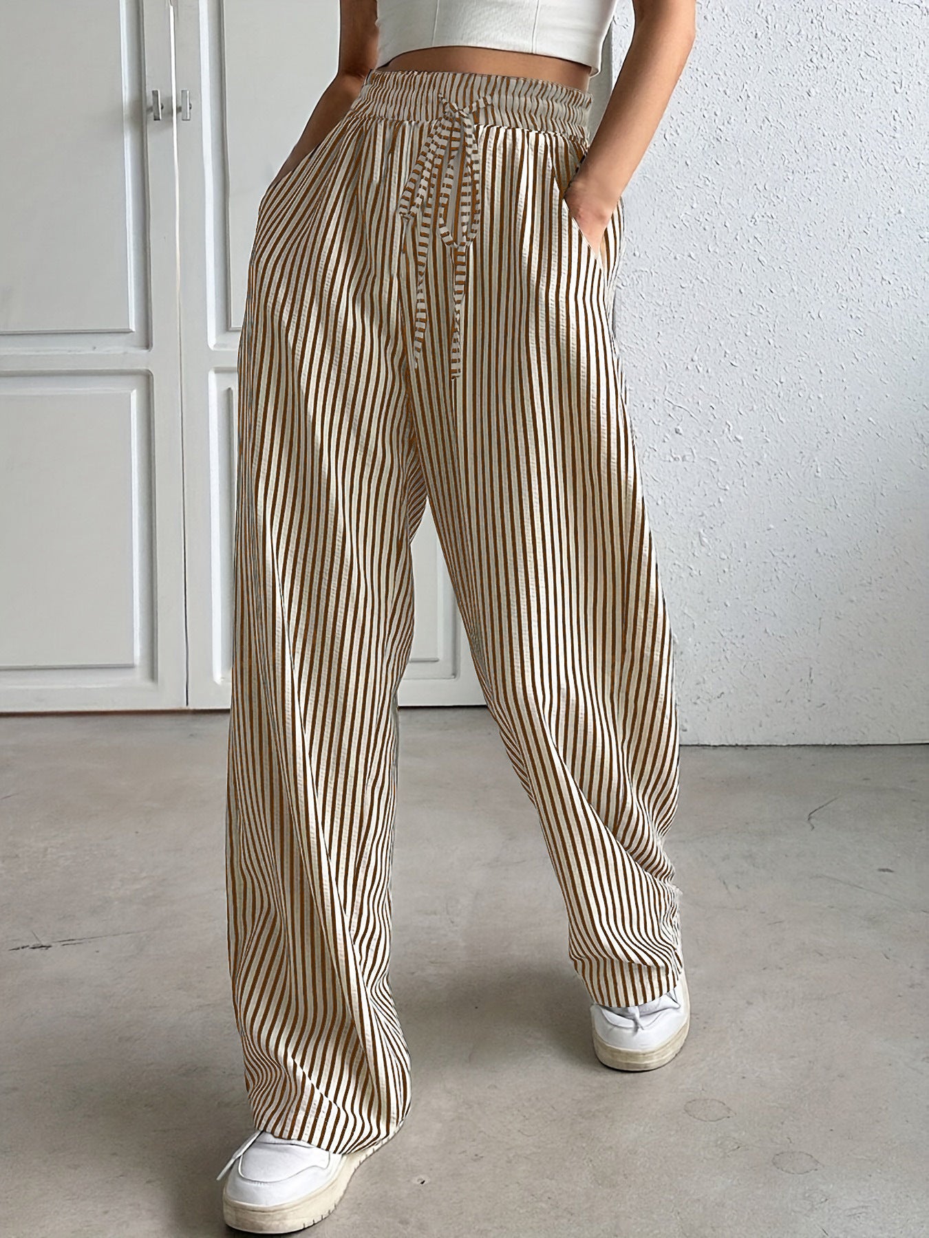 Women’s Straight-Leg Trousers – Drawstring Waist – Striped – Lightweight Breathable Fit