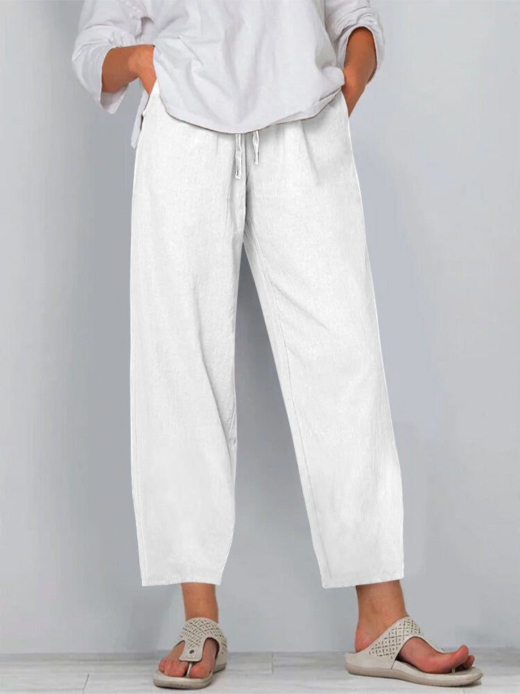 Women’s Wide-Leg Trousers – Relaxed Fit – Cotton Linen – Drawstring Waist – Full Length