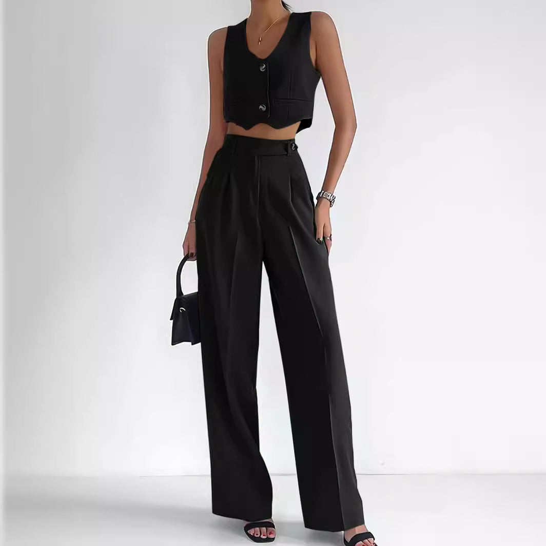 Women’s Vest Set – Tailored Cropped V-Neck Vest – High-Waist Wide-Leg Trousers