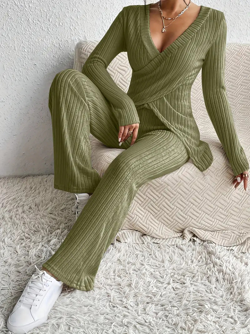 Women’s Knit Lounge Set – Wrap Long Sleeve Top – Straight-Leg Elastic Waist Pants