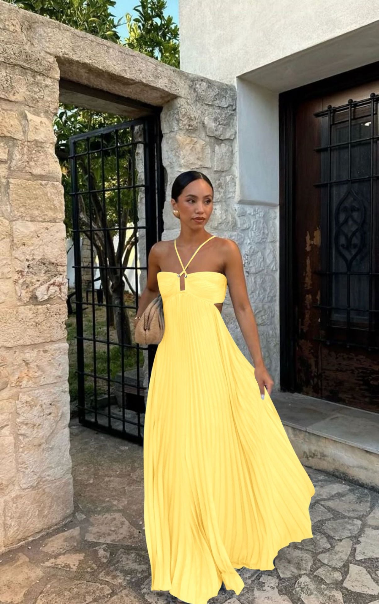 Women’s Strapless Maxi Dress – Crisscross Bodice – Pleated A-Line – Side Cut-Outs