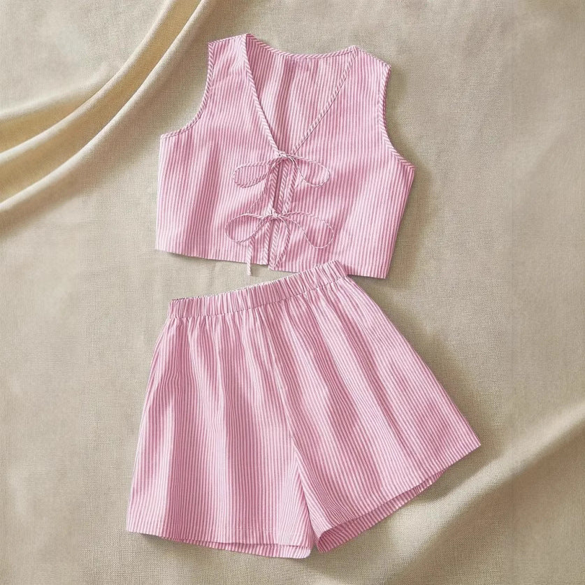 Women’s Matching Set – Sleeveless Crop Top with Tie Front – High-Waisted Elastic Shorts
