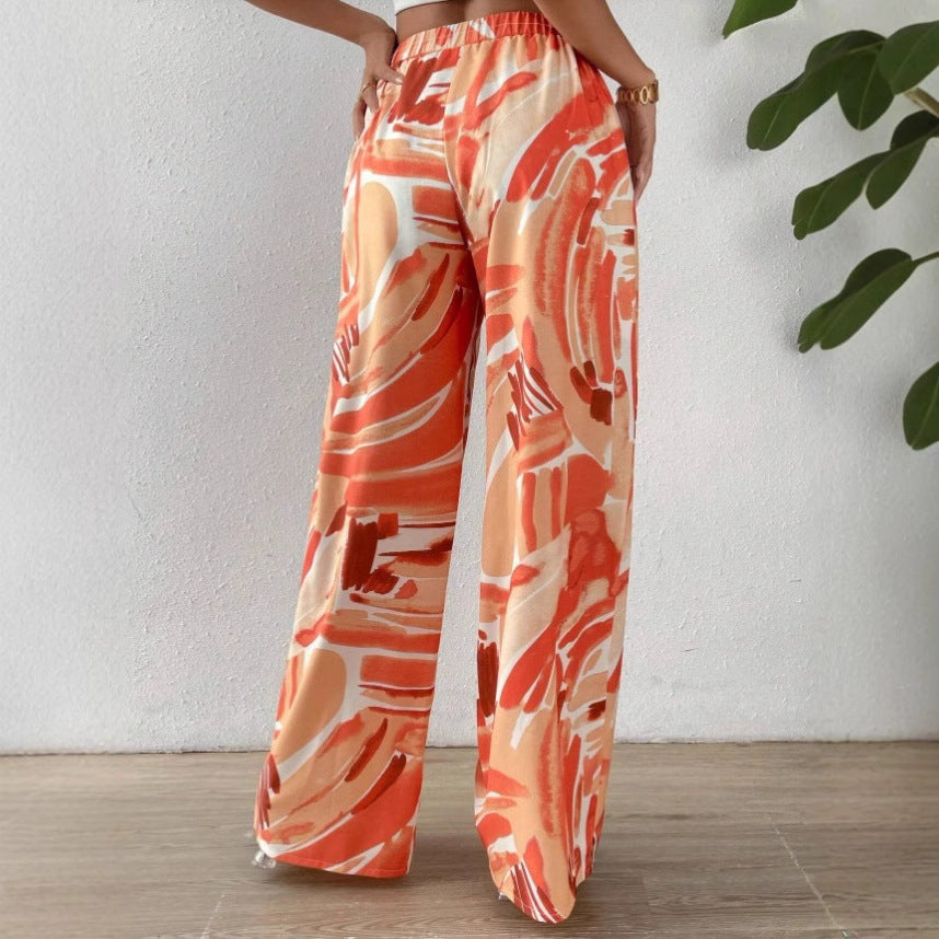 Women’s Wide-Leg Trousers – High Waist – Abstract Print – Full Length – Elastic Waist