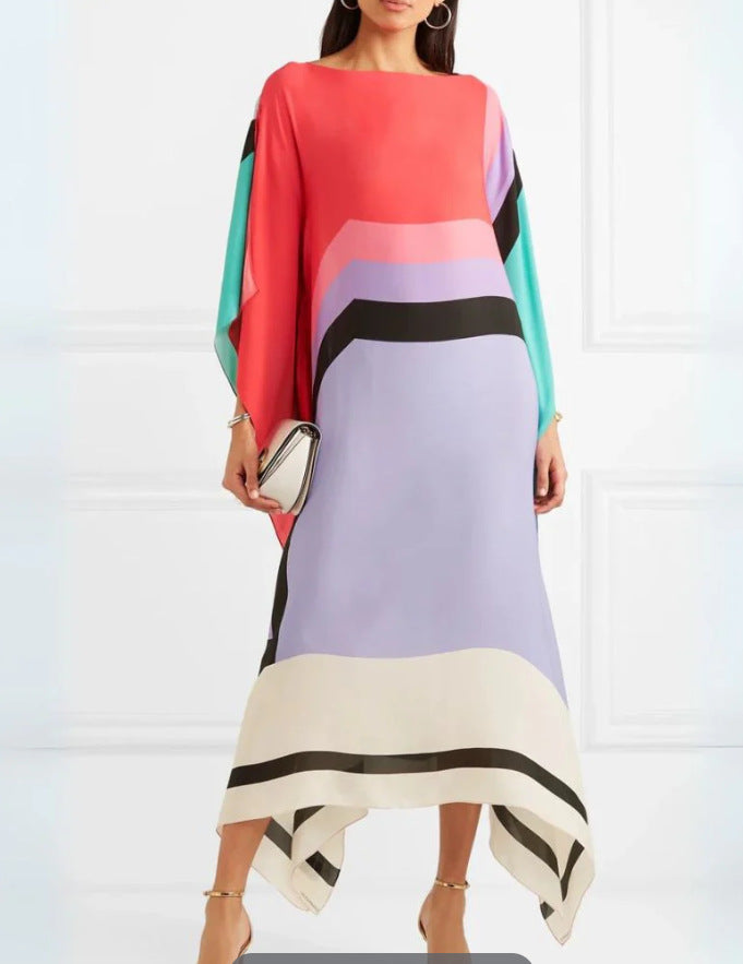 Women’s Maxi Dress – One Shoulder – Loose Fit – Asymmetrical Hem – Striped Panels