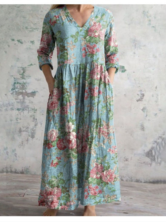 Women’s Maxi Dress – Natural Fibers – Relaxed Fit – V-Neck – Long Sleeve – Striped