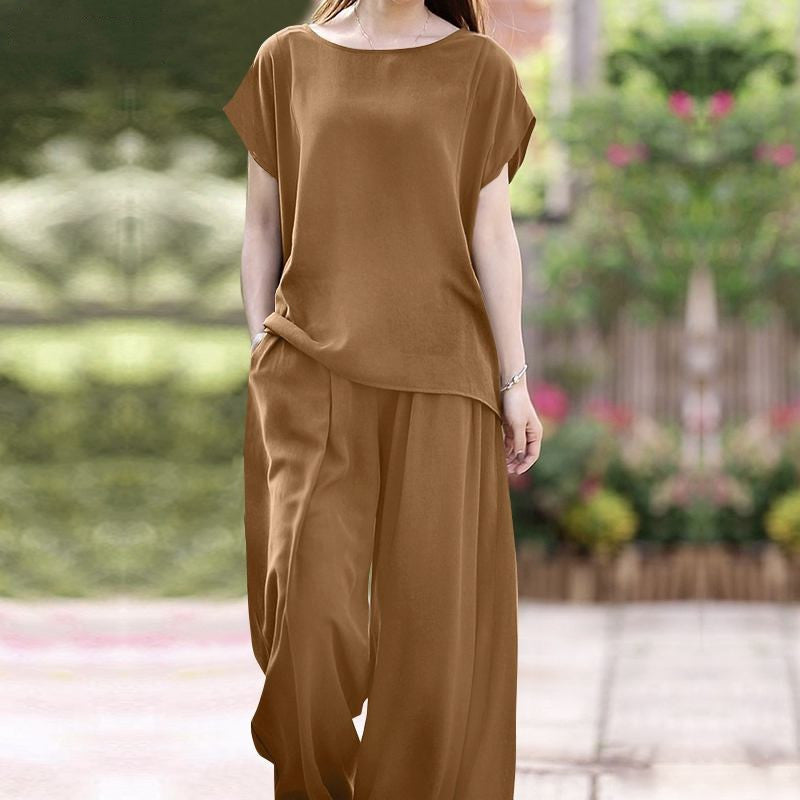 Women’s Two-Piece Set – Loose Fit Blouse – Wide-Leg High-Waist Trousers – Breathable Fabric