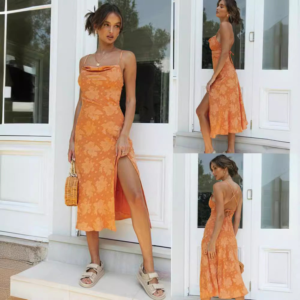 Women’s Slip Midi Dress – Cowl Neck – High Slit – Floral Pattern – Luxury Fabric