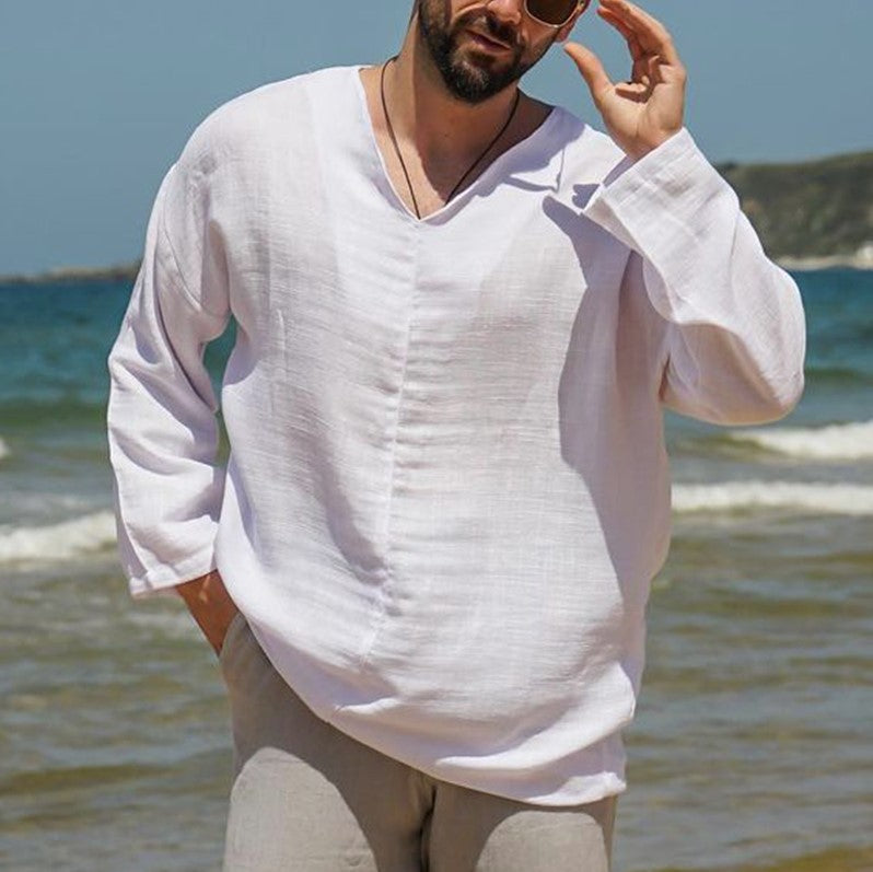 Men’s Linen Shirt – Relaxed Fit – V-Neck – Long Sleeve – Breathable Casual Wear