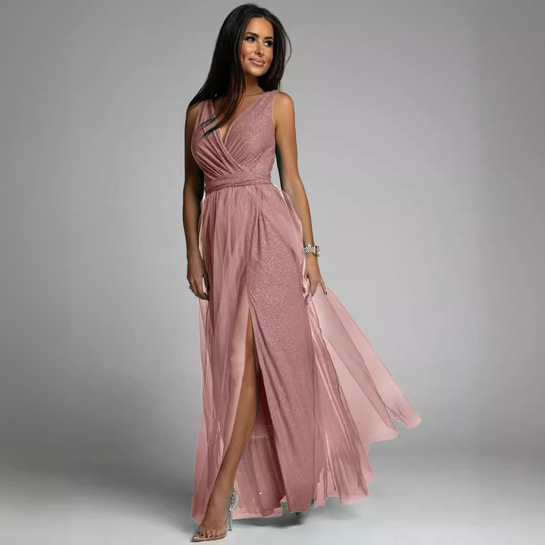 Women’s Evening Gown – Slim Fit – Deep V-Neck – High Slit – Pleated Shimmer Fabric