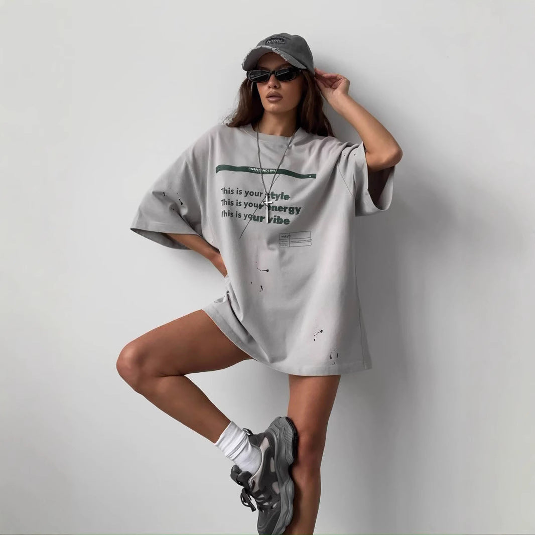 Women’s Oversized T-Shirt – Cotton Blend – Vintage Distressed Graphic – Casual Fit