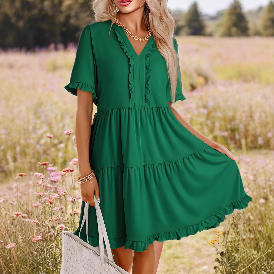 Women’s A-line Dress – V-neck – Ruffle Sleeves – Tiered – Relaxed Fit – Lightweight