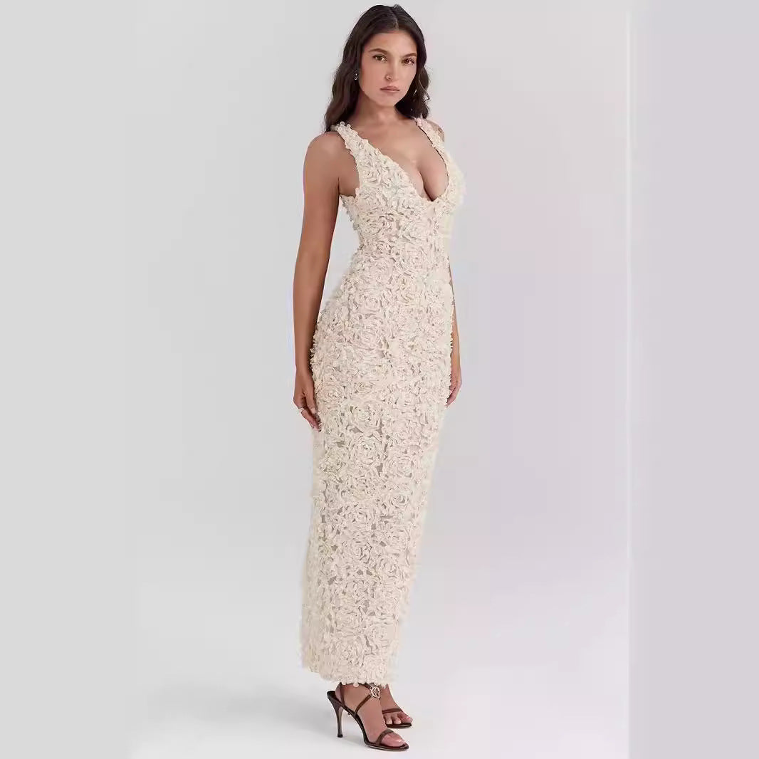 Women’s Evening Dress – Slim Fit – 3D Floral Texture – Plunging Neckline – Ankle Length