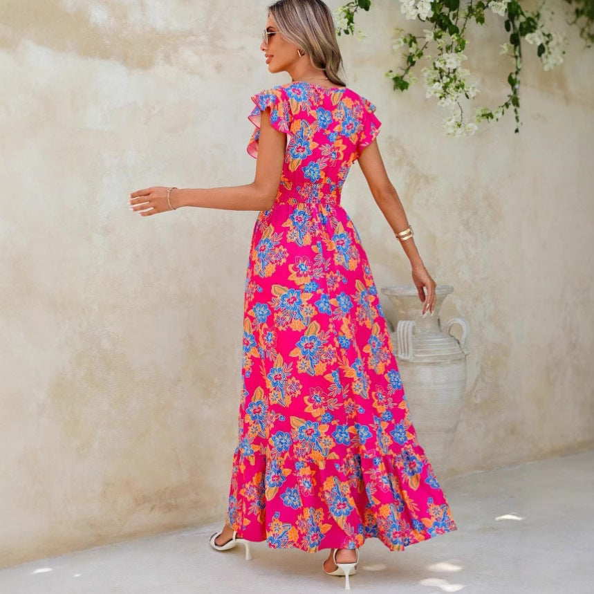 Women’s Maxi Dress – Sleeveless – V-Neck – Floral Print – Tiered Hem – Relaxed Fit