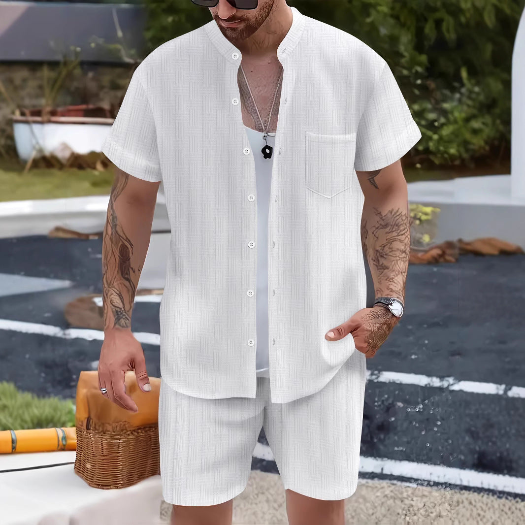 Men’s Two-Piece Set – Henley Collar Shirt & Shorts – Lightweight Relaxed Fit