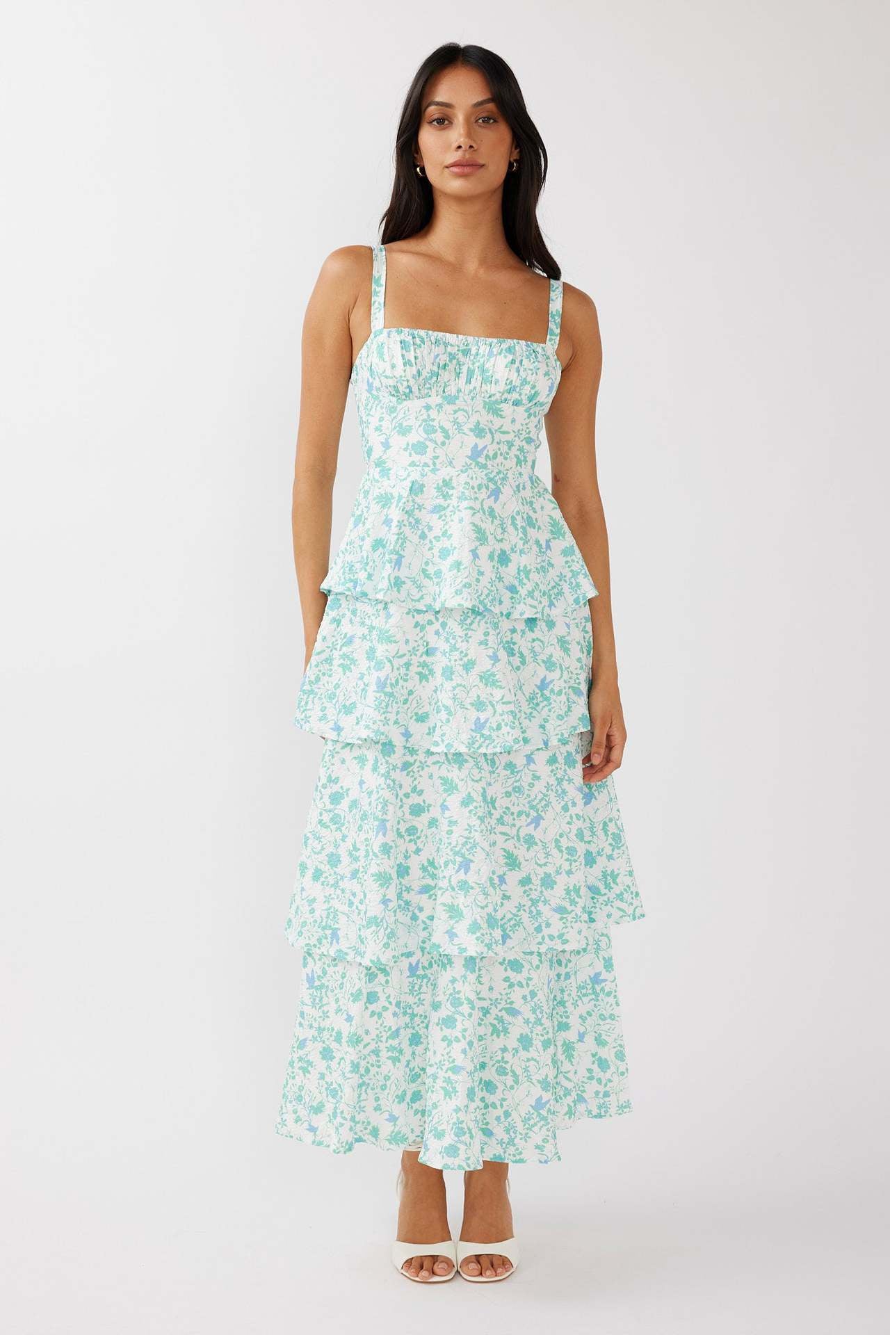 Women’s Midi Dress – Slim Fit Bodice – Ruffled Skirt – Sleeveless Floral Print