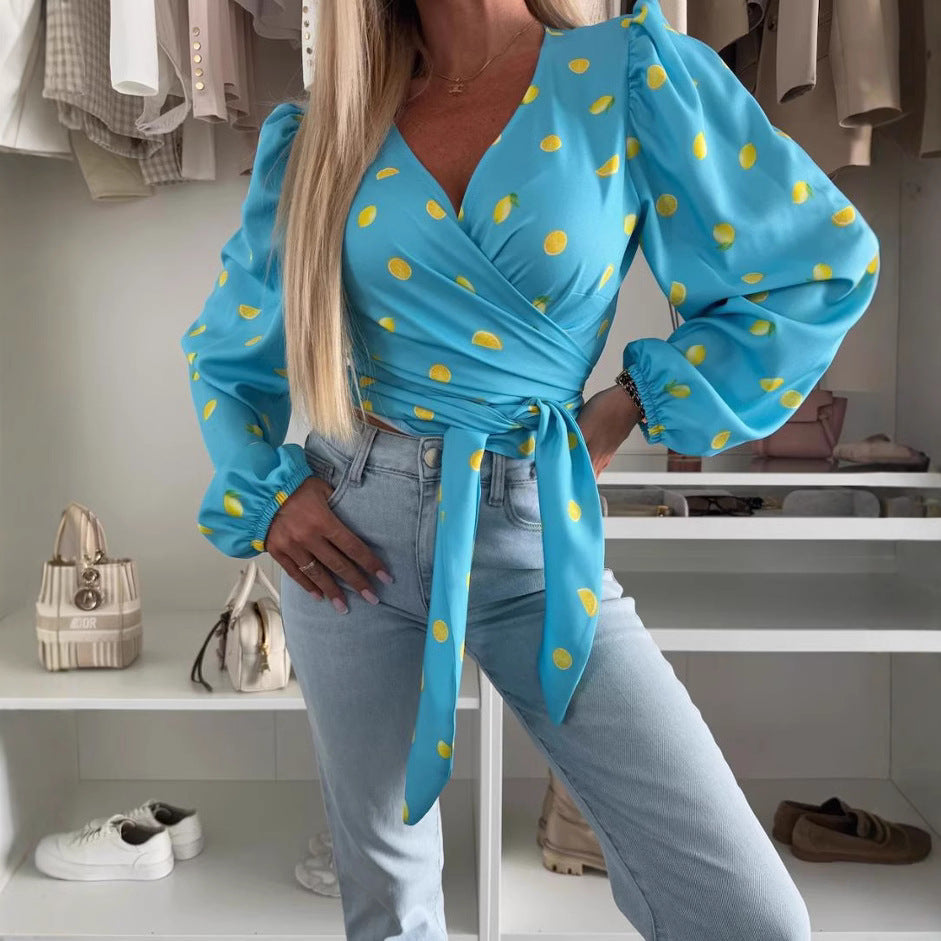 Women’s Wrap Top – Deep V-Neck – Tie Waist – Puff Sleeve – Cropped Fit – Printed