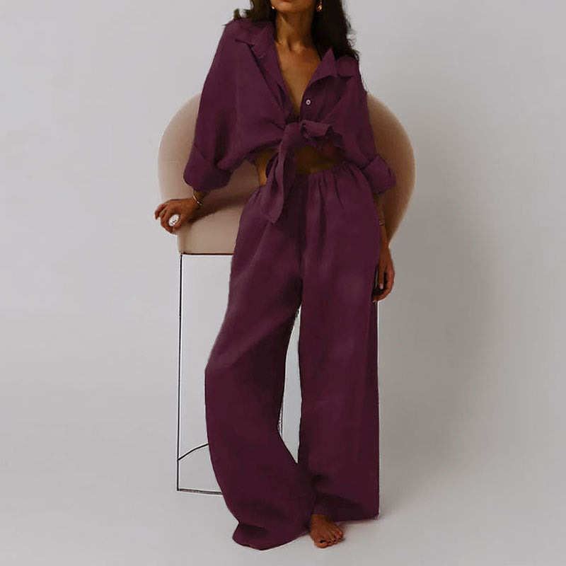 Women’s Two-Piece Set – Linen Blend – Oversized Fit – Button-Down Shirt & Wide-Leg Trousers