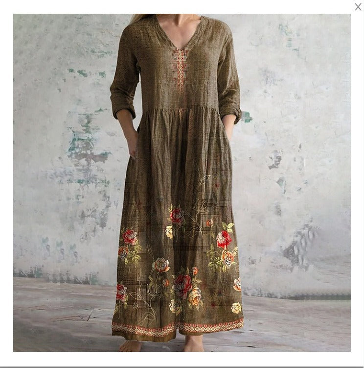 Women’s Maxi Dress – Natural Fibers – Relaxed Fit – V-Neck – Long Sleeve – Striped
