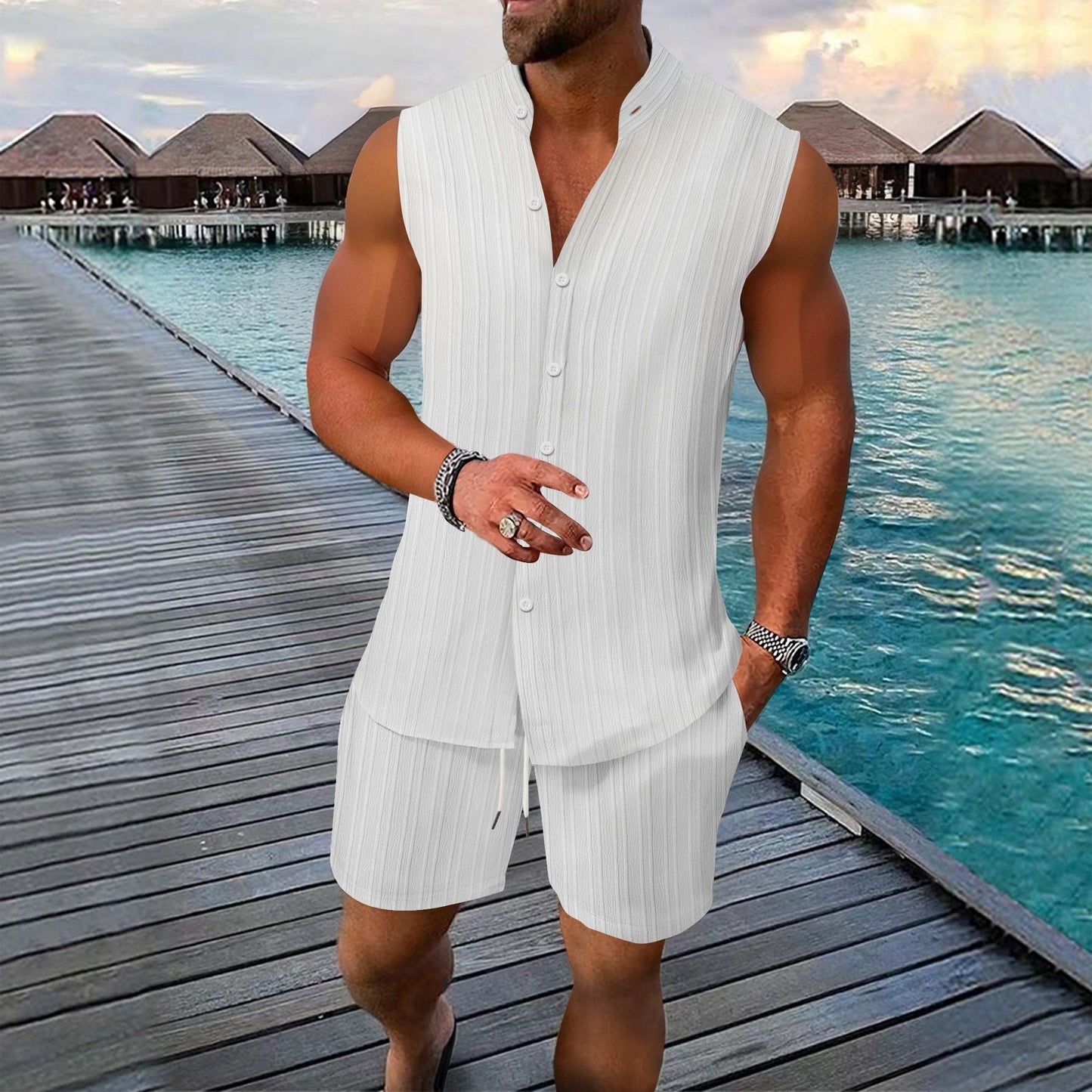 Men’s Shirt and Short Set – Relaxed Fit – Button-Up – Linen – Mandarin Collar
