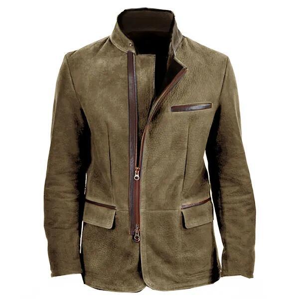 Men’s Suede Jacket – Slim Fit – Stand Collar – Zipper Front – Multi Pocket Design