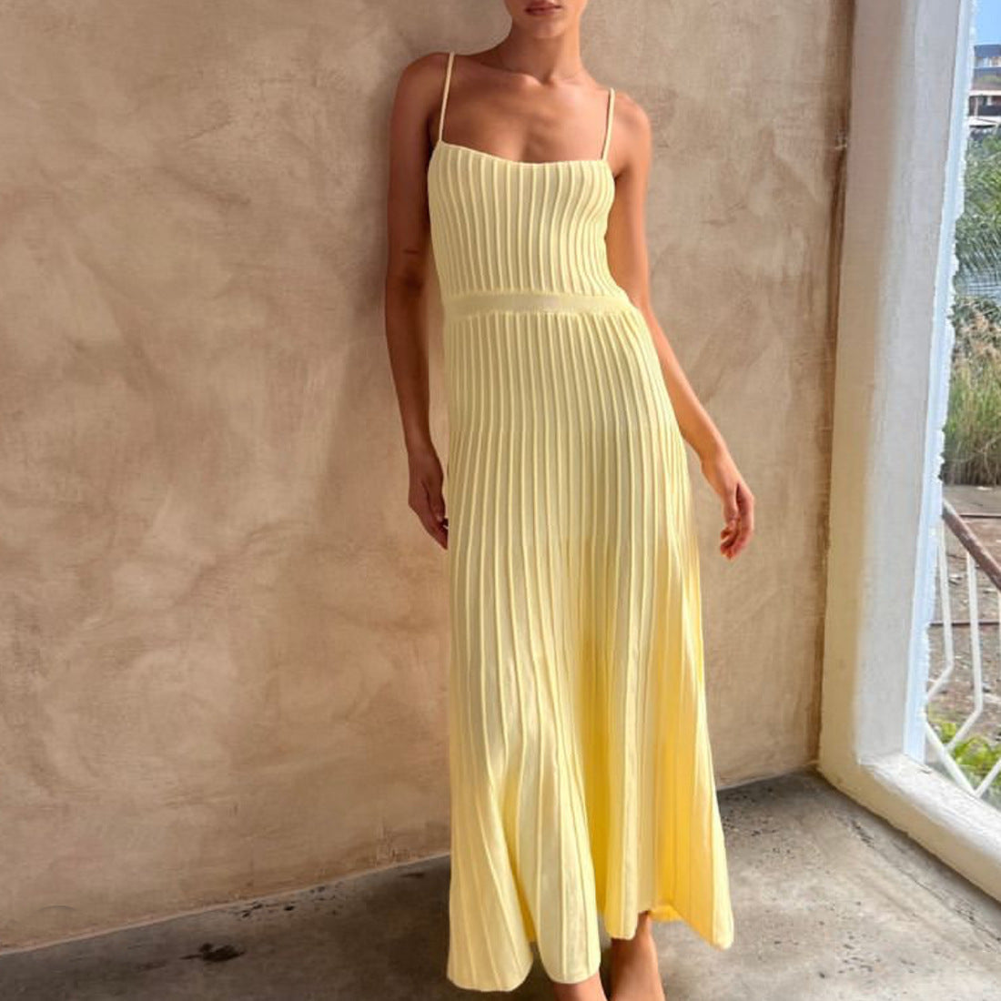 Women’s Maxi Dress – Knit Fabric – Slim Fit – Pleated Skirt – Spaghetti Straps