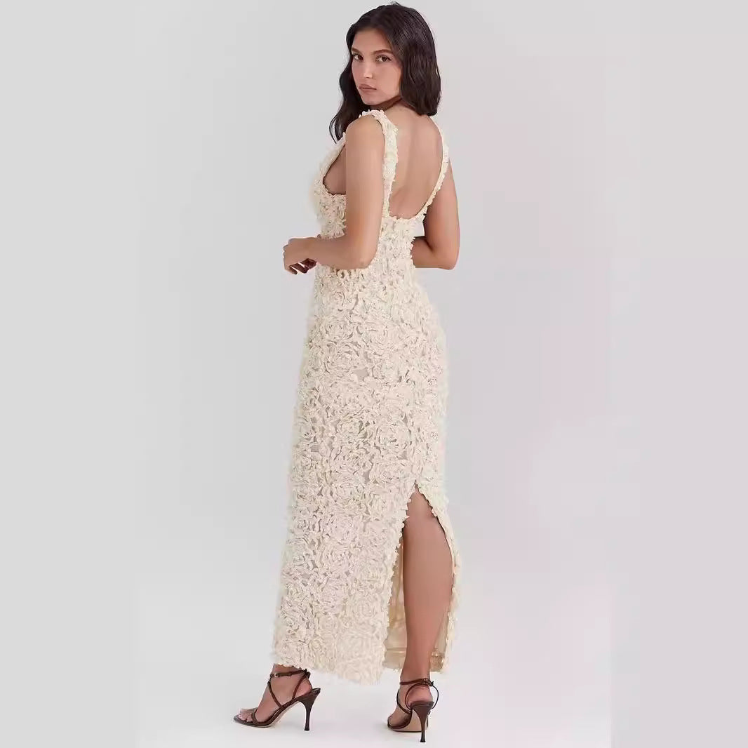 Women’s Evening Dress – Slim Fit – 3D Floral Texture – Plunging Neckline – Ankle Length