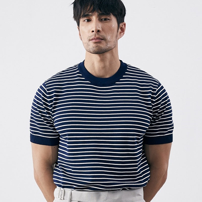 Men’s Knit T-Shirt – Slim Fit – Horizontal Stripe – Ribbed Cuffs – Cotton Blend