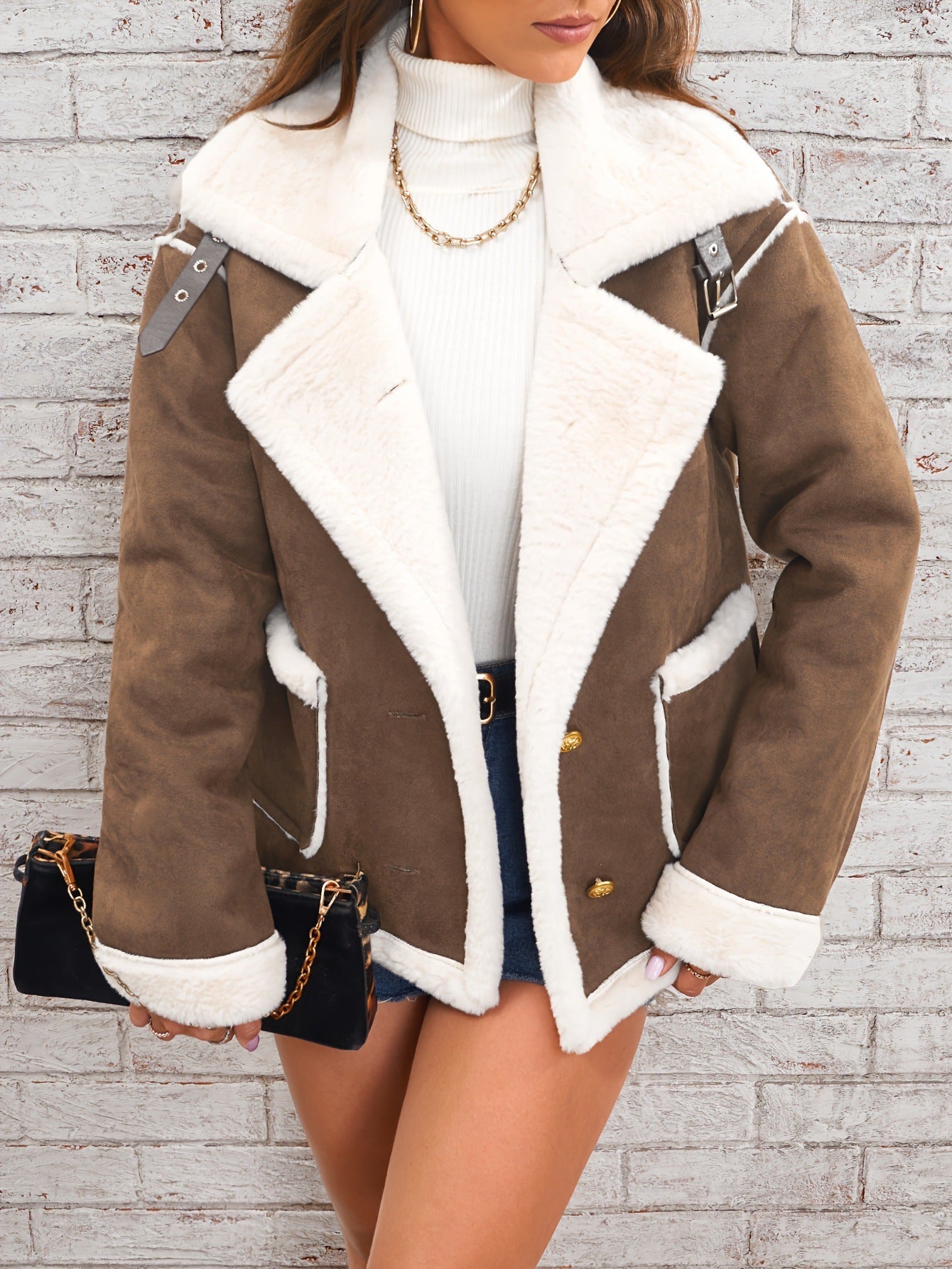 Women’s Faux Fur Jacket – Oversized Fit – Suede Look – Double-Breasted – Hip Length