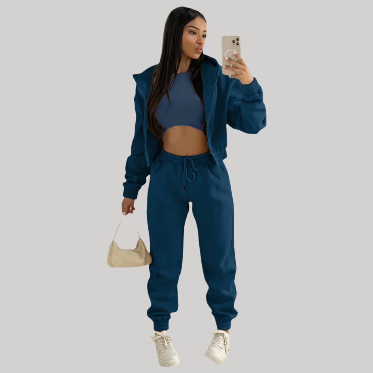Women’s Tracksuit – 3 Piece Lounge Set – Crop Top – Zip Up Hoodie – Jogger Pants